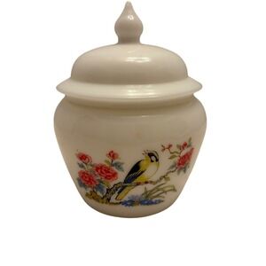 Avon Dynasty 1971 Milk Glass Ginger Jar Oriole and Flower Design Lidded Bird